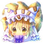  :&lt; animal_ears bangs blonde_hair blush chibi chocolat_(momoiro_piano) closed_mouth commentary_request dress eyebrows_visible_through_hair fox_ears fox_girl fox_tail hair_between_eyes hands_in_opposite_sleeves hat kyuubi long_sleeves looking_away looking_to_the_side multiple_tails pillow_hat simple_background solo tail touhou white_background white_dress white_hat yakumo_ran yellow_eyes 