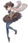  bare_shoulders bird_wings bow bowtie brown_hair dress elbow_gloves emu_(kemono_friends) eyebrows_visible_through_hair flats full_body gloves head_wings ise_(0425) kemono_friends pantyhose red_eyes scarf short_hair solo standing standing_on_one_leg wings 