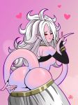  1girl android_21 ass ass_grab black_sclera breasts dragon_ball dragon_ball_fighterz from_behind harem_pants heart looking_back majin_android_21 nail_polish pants pink_skin pointy_ears red_eyes smile solo tail tubetop tubetop_lift white_hair 