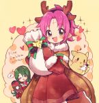  2girls antlers bow cape cecilia_(fire_emblem) christmas_stocking dress eyes_closed fa facial_mark fire_emblem fire_emblem:_fuuin_no_tsurugi fire_emblem_heroes forehead_mark fur_trim gift_bag green_eyes green_hair heart long_hair long_sleeves mamkute mittens multiple_girls musical_note nintendo open_mouth pointy_ears purple_hair reindeer_antlers short_hair spoken_musical_note yataba 