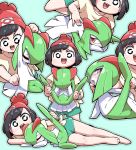  barefoot beanie black_hair blush commentary covering_face embarrassed flexible full-face_blush gen_3_pokemon green_hair hair_over_one_eye hat kirlia looking_at_viewer lying mizuki_(pokemon) on_side open_mouth pokemon pokemon_(creature) pokemon_(game) pokemon_sm sequential sexually_suggestive short_shorts shorts smile spread_legs stretch tokkyuu_mikan 