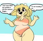  2016 anthro black_nose blonde_hair blue_background bovine camel_toe cattle chest_tuft clothing confusion dialogue english_text eyewear female freckles fur glasses hair hi_res horn mammal one-piece_swimsuit pubes pussy pussy_floss simple_background solo speech_bubble sprocket_(artist) sweat swimsuit tan_fur text tuft white_background 