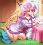  2017 alternate_species ambiguous_gender angel_(mlp) avian bathrobe bird breasts clothed clothing digital_media_(artwork) feathered_wings feathers feet female fluttershy_(mlp) friendship_is_magic group hair human humanized humanoid inside kneeling lagomorph long_hair mammal my_little_pony pink_hair rabbit racoon-kun robe teal_eyes window winged_humanoid wings 