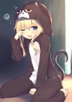  absurdres animal_costume animal_ears animal_hood arm_support bangs barefoot between_legs blonde_hair blue_eyes blurry blurry_background blush cat_costume cat_ears cat_hood cat_pajamas cat_tail commentary_request day depth_of_field eyebrows_visible_through_hair eyelashes fang gabriel_dropout hair_between_eyes hand_between_legs highres hood hood_up indoors light long_hair long_sleeves looking_at_viewer megarisu on_floor one_eye_closed open_mouth rubbing_eyes sidelocks sitting sleepy solo squiggle tail tenma_gabriel_white wariza wooden_floor 