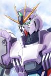  close-up commentary_request gacha-m glowing glowing_eyes green_eyes gun gundam gundam_narrative machine_gun mecha narrative_gundam no_humans portrait science_fiction upper_body weapon 