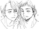  christophe_giacometti facial_hair greyscale looking_at_another male_focus monochrome mouri multiple_boys smile translation_request upper_body viktor_nikiforov yuri!!!_on_ice 