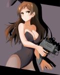  absurdres animal_ears bangs bare_shoulders black_leotard blush breasts brown_hair bunny_ears bunny_girl bunnysuit grey_background gun highres idolmaster idolmaster_million_live! imi_uzi j.roswel kitazawa_shiho large_breasts leotard long_hair pantyhose solo submachine_gun swept_bangs weapon 