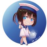  black_hair blue_eyes blue_sailor_collar chibi daitou_(kantai_collection) dated dress full_body grin hand_up hat kantai_collection looking_at_viewer moon_ash sailor_collar sailor_dress sailor_hat shoes short_ponytail short_sleeves simple_background smile solo turret white_background white_legwear 