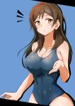  1girl absurdres armpit_crease blue_background breasts brown_eyes brown_hair cleavage highres idolmaster idolmaster_million_live! j.roswel kitazawa_shiho large_breasts one-piece_swimsuit school_swimsuit self_fondle sideboob solo swimsuit wet 