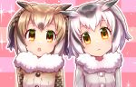  :o brown_hair checkered checkered_background coat commentary_request eurasian_eagle_owl_(kemono_friends) fur_collar grey_hair highres hoshimelon kemono_friends looking_at_viewer multicolored_hair multiple_girls northern_white-faced_owl_(kemono_friends) orange_eyes short_hair sparkle upper_body white_hair 