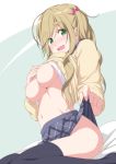  :d black_legwear blonde_hair bra bra_lift breasts commentary eyebrows_visible_through_hair fang green_eyes hair_bobbles hair_ornament highres inuyama_aoi large_breasts lifted_by_self looking_at_viewer navel nipples no_panties nori_tamago open_mouth plaid plaid_skirt shirt_lift side_ponytail sitting skirt skirt_lift smile solo stomach thick_eyebrows thighhighs underwear white_bra yurucamp 