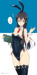  1girl alternate_costume animal_ears black_hair black_legwear black_leotard blue_background book breasts bunny_ears bunnysuit commentary_request cowboy_shot detached_collar fake_animal_ears glasses green_eyes hairband heart highres kantai_collection leotard long_hair necktie ooyodo_(kantai_collection) red_neckwear semi-rimless_eyewear small_breasts solo spoken_ellipsis spoken_heart standing strapless strapless_leotard takaharu thighhighs twitter_username two-tone_background white_background wrist_cuffs 