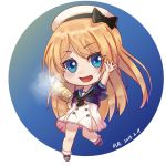  black_neckwear blonde_hair blue_background blue_eyes blue_sailor_collar chibi commentary dated dress hand_up hat jervis_(kantai_collection) kantai_collection long_hair moon_ash neckerchief open_mouth sailor_collar sailor_dress short_sleeves simple_background smile solo white_background 