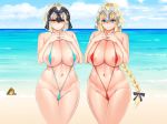  angry areola_slip areolae bangs bare_arms bare_shoulders beach black_ribbon blonde_hair blue_eyes blue_sky blue_swimsuit blush braid breast_suppress breasts cameltoe cleavage closed_mouth cloud collarbone covered_nipples day embarrassed eyebrows_visible_through_hair fate/grand_order fate_(series) frown groin hair_ribbon hands_on_own_chest hayama_kazusa headpiece highres hips holy_grail_(fate) horizon huge_breasts jeanne_d'arc_(alter)_(fate) jeanne_d'arc_(fate) jeanne_d'arc_(fate)_(all) lips long_braid long_hair looking_at_viewer multiple_girls navel nose_blush ocean outdoors parted_lips raised_eyebrows red_swimsuit ribbon shiny shiny_skin short_hair side-by-side single_braid sky slingshot_swimsuit stomach swimsuit tareme tearing_up tears thighs triangle_mouth v-shaped_eyebrows very_long_hair water white_hair yellow_eyes 