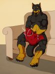  2016 4_toes anthro beauceron black_fur brown_eyes brown_fur bulge canine chair clothed clothing dog doggieo doggieo_(character) fur gloves_(marking) looking_at_viewer male mammal markings masturbation multicolored_fur muscular muscular_male penile_masturbation sitting socks_(marking) solo toes tongue tongue_out topless two_tone_fur underwear 