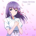  bangs blurry blurry_foreground blush closed_mouth commentary_request depth_of_field dress eyebrows_visible_through_hair fate/stay_night fate_(series) hair_between_eyes hair_ribbon happy_birthday highres kamishiro_(rsg10679) matou_sakura own_hands_together petals pink_ribbon puffy_short_sleeves puffy_sleeves purple_eyes purple_hair ribbon short_sleeves smile solo twitter_username type-moon upper_body white_dress 