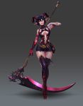  absurdres belt_buckle black_hair book buckle collar dungeon_and_fighter female_priest_(dungeon_and_fighter) full_body gloves highres horns leg_armor mistress_(dungeon_and_fighter) peng_wang pointy_ears pouch red_eyes scythe short_hair solo thigh_gap 