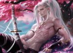  blue_eyes erection male_focus muscle penis sakimichan sakura samurai sword tagme white_hair 