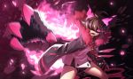  akazukin_(mary_skelter) brown_hair claws coat fang fire fur_trim hair_ornament looking_at_viewer mary_skelter mizunashi_(second_run) open_mouth red_eyes short_hair solo 