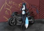  alley anthro aventis_vixxx blue_fur breasts canine cleavage clothed clothing dipstick_tail female fox fur gloves graffiti looking_at_viewer mammal motorcycle multicolored_tail navel smile solo vehicle 