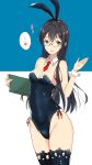  1girl animal_ears black_hair black_legwear black_leotard blue_background book breasts bunny_ears bunnysuit commentary_request cowboy_shot detached_collar fake_animal_ears glasses green_eyes hairband heart highres kantai_collection leotard long_hair looking_at_viewer necktie ooyodo_(kantai_collection) open_mouth red_neckwear semi-rimless_eyewear small_breasts solo spoken_ellipsis spoken_heart standing strapless strapless_leotard takaharu thighhighs twitter_username two-tone_background white_background wrist_cuffs 