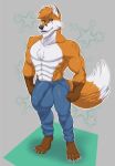  anthro bulge canine clothed clothing comfycushion fox hyper hyper_bulge looking_at_viewer male mammal muscular muscular_male scar smile solo standing topless 