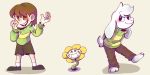  2017 ambiguous_gender anthro asriel_dreemurr blush boss_monster caprine chara_(undertale) claws clothed clothing embrace fangs flower flowey_the_flower footwear fur goat group hair human kemono long_ears male mammal neonkalistar plant simple_background smile teeth undertale video_games white_fur young 