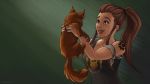  1girl :d brigitte_(overwatch) brown_eyes brown_hair cat clothes_writing erin_raught highres holding holding_cat image_sample open_mouth overwatch ponytail shoulder_tattoo signature smile solo tank_top tattoo twitter_sample watermark web_address 