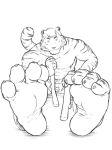  2009 4_toes abs anthro barefoot biceps biped black_and_white claws clothed clothing digital_media_(artwork) eyebrows feet feline foot_focus front_view full-length_portrait fur grisser hair hi_res holding_object legwear looking_at_viewer male mammal monochrome muscular muscular_male pecs portrait short_hair simple_background sitting smile socks soles solo striped_fur striped_tail stripes tiger toe_claws toes topless underwear white_background 