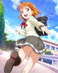  :d ahoge bag black_legwear blue_sky bow bowtie cloud clover_hair_ornament day dutch_angle from_behind from_below grey_skirt guard_rail hair_bow hair_ornament highres leg_up looking_at_viewer looking_back love_live! love_live!_sunshine!! miniskirt official_art open_mouth orange_hair outdoors outstretched_arm outstretched_hand pleated_skirt red_bow red_eyes red_neckwear school_bag school_uniform shoes short_hair skirt sky smile solo standing standing_on_one_leg sweater takami_chika uranohoshi_school_uniform yellow_bow 