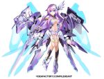  alternate_breast_size armor bangs blue_eyes breasts cleavage commentary company_connection copyright_name elbow_gloves eyebrows_visible_through_hair full_body gloves hair_ornament holding holding_weapon large_breasts long_hair looking_at_viewer mechanical_wings navel nepgear nepnep_connect:_chaos_chanpuru neptune_(series) nkmr8 official_art purple_hair purple_sister purple_sister_v shoulder_armor simple_background smile solo weapon white_background wings 
