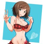  absurdres bare_shoulders bikini black_hair blush bow breasts cleavage fang frilled_bikini frills green_eyes groin heart highres idolmaster idolmaster_cinderella_girls j.roswel large_breasts looking_at_viewer maekawa_miku plaid plaid_bikini red_bikini red_bow smile solo swimsuit underboob v wet 