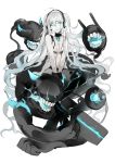 alternate_costume bangs bare_arms bare_shoulders blue_eyes blue_fire bxr cannon choker crossover dark_persona eyebrows_visible_through_hair fire gloves glowing glowing_eyes hair_between_eyes hatsune_miku head_tilt headphones kantai_collection long_hair looking_at_viewer parted_lips shinkaisei-kan silver_hair simple_background sitting sketch solo teeth twintails v_arms very_long_hair vocaloid white_background white_skin 
