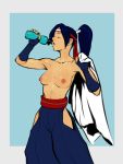  blue_hair bottle breasts closed_eyes collarbone commission cowboy_shot drinking fingerless_gloves gloves hakama headband hip_vent izra jacket jacket_removed japanese_clothes long_hair medium_breasts nipples ryuuko_no_ken shiny shiny_skin solo sweat the_king_of_fighters toned topless toudou_kasumi water_bottle 