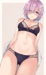  arms_behind_back ass_visible_through_thighs bangs black_bra black_panties blush bow bow_panties bra breasts cleavage collarbone cowboy_shot dutch_angle eyebrows_visible_through_hair eyes_visible_through_hair fate/grand_order fate_(series) glasses hair_over_one_eye highres lace lace-trimmed_bra looking_at_viewer mash_kyrielight navel off_shoulder open_mouth outside_border panties purple_eyes purple_hair shiny shiny_skin shirt short_hair simple_background small_breasts solo standing thigh_gap underwear white_shirt yuzuzukushi 