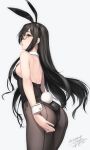  2018 alternate_costume animal_ears artist_name ass back-seamed_legwear bare_shoulders black-framed_eyewear black_hair blue_eyes breasts brown_legwear bunny_ears bunny_girl bunny_tail bunnysuit commentary cowboy_shot dated fake_animal_ears from_behind glasses grey_background hairband highres kantai_collection leaning_forward leotard long_hair ooyodo_(kantai_collection) pantyhose rokuwata_tomoe seamed_legwear semi-rimless_eyewear sideboob sidelocks simple_background small_breasts solo tail under-rim_eyewear 