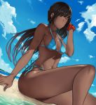  ass bad_revision beach bikini black_hair blue_bikini blue_sky breasts cleavage cloud dark_skin day downscaled_revision hai_ookami highres long_hair md5_mismatch medium_breasts nail_polish navel original outdoors red_scrunchie scrunchie sitting sky smile solo swimsuit very_long_hair 