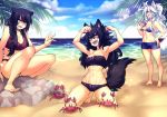  3girls abs alternate_age alternate_hairstyle animal_ears bandeau barefoot beach bikini bikini_shorts black_hair blue_eyes bow braid breasts cat_ears cat_girl clouds coconut crab crescentia deathblight drinking drinking_straw empress_(deathblight) fangs laika_(deathblight) large_breasts lips long_hair long_nails medium_breasts minori_(deathblight) multiple_girls muscular nail_polish navel ocean open_mouth palm_tree ponytail purple_eyes rock sand scared silver_hair sky smile sparkle strapless strapless_bikini swimsuit tail teenage white_hair wolf_ears wolf_girl yellow_eyes younger 