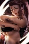  breasts brigitte_(overwatch) brown_eyes brown_hair dirty_face lips long_hair looking_at_viewer medium_breasts no_bra nose olga_solovian overwatch ponytail shirt_lift shoulder_tattoo sidelocks sleeveless solo sweat tattoo underboob undressing very_long_hair 