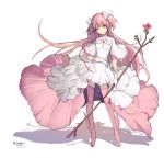  boots bow choker cleavage_cutout commentary dress flower highres invalee kaname_madoka long_hair mahou_shoujo_madoka_magica pink_footwear pink_hair rose shadow simple_background smile thigh_boots thighhighs two_side_up ultimate_madoka very_long_hair white_bow white_dress winged_boots yellow_eyes zettai_ryouiki 