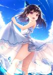  ass bangs bare_arms bare_shoulders blue_bow blue_ribbon blue_sky bow brown_hair cloud commentary_request day dress earrings eyebrows_visible_through_hair glint hair_bow heart heart_earrings heart_print highres jewelry long_hair looking_at_viewer md5_mismatch moe2018 no_panties ocean open_mouth original outdoors print_dress red_eyes revision ribbon sky sleeveless sleeveless_dress solo wading water white_dress yan_(nicknikg) 