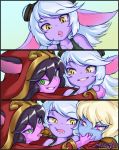 3koma animal_ears blonde_hair blue_skin blush comic commentary drooling eyebrows_visible_through_hair fang finger_in_mouth girl_sandwich goggles goggles_on_head green_eyes half-closed_eyes hat highres hug league_of_legends looking_at_viewer lulu_(league_of_legends) mayhem multiple_girls open_mouth pink_eyes poppy purple_hair purple_skin sandwiched slit_pupils smile teeth tongue tristana white_hair witch_hat yellow_eyes yordle yuri 