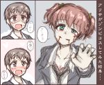  alisa_(girls_und_panzer) blazer blood blush brown_eyes brown_hair check_translation comic freckles girls_und_panzer jacket kibimoka multiple_girls naomi_(girls_und_panzer) saunders_school_uniform school_uniform short_hair short_twintails translation_request twintails very_short_hair zombie 