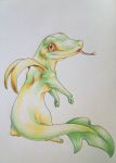  closed_mouth commentary commission endivinity full_body gen_5_pokemon green_skin grey_background looking_at_viewer no_humans orange_eyes pokemon pokemon_(creature) realistic simple_background smile snivy solo standing tongue tongue_out traditional_media 