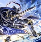  armor armored_boots arondight blue_hair boots day dutch_angle fate/grand_order fate_(series) floating_hair from_below full_armor gauntlets helmet highres holding holding_sword holding_weapon lancelot_(fate/grand_order) lens_flare long_hair male_focus masukudo_(hamamoto_hikaru) outdoors ponytail solo sword very_long_hair water weapon 
