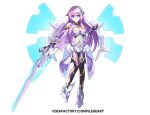  alternate_breast_size armor bangs blue_eyes breasts cleavage commentary company_connection copyright_name elbow_gloves eyebrows_visible_through_hair full_body gloves hair_ornament holding holding_weapon large_breasts long_hair looking_at_viewer nepgear nepnep_connect:_chaos_chanpuru neptune_(series) nkmr8 official_art purple_hair purple_sister purple_sister_v shoulder_armor simple_background smile solo thighhighs weapon white_background wings 