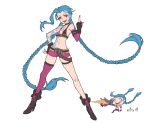  1girl arm_tattoo blue_hair blush braid bullets high_heel_boots jinx_(league_of_legends) league_of_legends middle_finger pink_eyes single_thighhighs tattoo twin_braids very_long_hair 