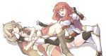  armor blonde_hair blush boots braid brown_eyes cape celica_(fire_emblem) commentary dress effie_(fire_emblem) fingerless_gloves fire_emblem fire_emblem_echoes:_mou_hitori_no_eiyuuou gloves highres jaegan leg_lock long_hair multiple_girls open_mouth panties red_eyes red_hair smile submission_hold tears thigh_boots thighhighs tiara twin_braids underwear wrestling 