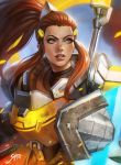  banner brigitte_(overwatch) brown_eyes brown_hair eyebrows freckles headgear highres holding holding_weapon long_hair overwatch parted_lips ponytail power_armor shield sidelocks soffa solo upper_body weapon 