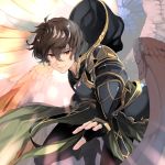  armor brown_hair fingerless_gloves gloves granblue_fantasy male_focus multiple_wings naruse_hirofumi outstretched_arm red_eyes sandalphon_(granblue_fantasy) seraph short_hair smile solo wings 